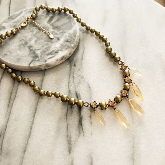 Vintage Monet Green Pearl Necklace Faux Topaz Crystal Accent Dangle Beads Signed - Picture 5 of 8